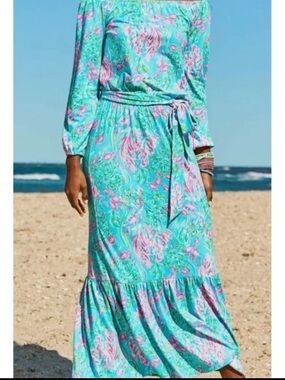 Lilly Pulitzer Odella Maxi Dress Long Sleeves Amalfi Blue Best Fishes Size Large
